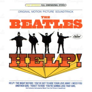 May include: The Beatles Help! original motion picture soundtrack album cover features four figures in black coats standing with arms raised. The text reads THE BEATLES HELP! with a list of songs including Ticket to Ride and Capitol Records logo.