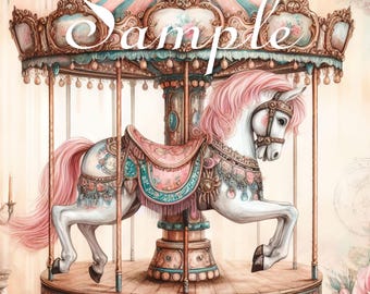 Vintage Carousel - Fabric Art Quilt Block/Panels -  Horse - Whimsical - 100% Cotton - CARO6