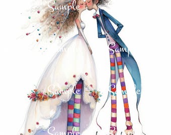 Quirky Bride & Groom Fabric Quilt Block: Wedding Art Panel (8" x 8")