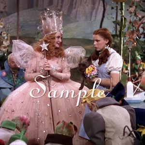 May include: A scene from the movie The Wizard of Oz. The Good Witch of the North, in a pink gown and crown, holds a star wand. Dorothy, in a blue dress, stands nearby with a small dog and a bouquet of flowers. The word "Sample" is across the image.
