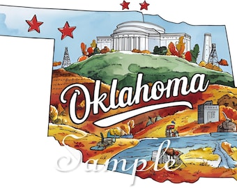OKLAHOMA - State - Fabric Art Quilt Block/Panel - Retro Travel Adventures - Illustration -  100% Cotton #STATE30