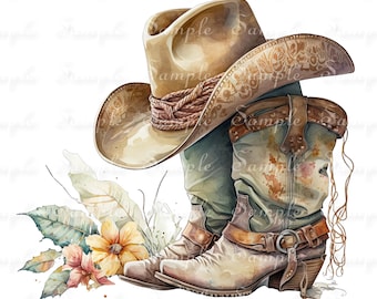May include: A tan cowboy hat with a braided band rests atop a pair of weathered, light-colored leather cowboy boots featuring brown straps and metal rings. Beside the boots are watercolor-style illustrations of yellow and pink flowers.