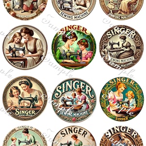 May include: A collection of vintage-style Singer sewing machine designs. Each circular design features a woman and child using a sewing machine, with the word "SINGER" prominently displayed. The color palette includes warm tones and floral accents.