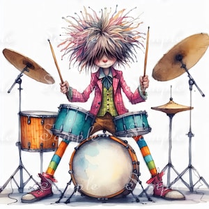 May include: A cartoon character with messy, multi-colored hair playing a drum set. The character wears a pink plaid jacket, green vest, and striped socks with red sneakers. The drum kit includes teal drums, a large bass drum, and cymbals.