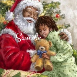 May include: Santa Claus, with a white beard and red suit, sits with a young child holding a teddy bear. The child is wearing a green and white patterned shirt. The scene is set in front of a Christmas tree.