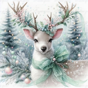 May include: A white deer illustration featuring large antlers adorned with pink berries and green foliage. The deer wears a large, flowing mint green ribbon around its neck. The background shows snowy pine trees, colorful ornaments, and soft lights.