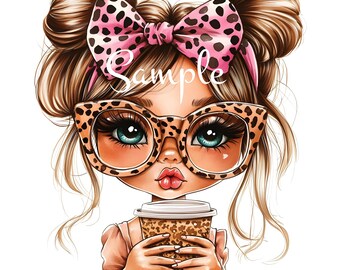 Leopard Bow Girl Fabric Art Quilt Block: Coffee & Glasses (8x8 inch)