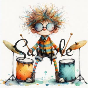 May include: A cartoon illustration of a person with colourful hair playing the drums. The person is wearing a striped shirt, blue jeans, and colourful socks. The drums are orange and blue with silver hardware. The person is smiling and holding drumsticks.