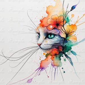 Peut inclure: Une illustration à l'aquarelle d'une tête de chat aux yeux bleu sarcelle, entourée d'éclaboussures florales orange, jaunes et vertes vives et de traits d'encre. Le mot Sample est répété sur l'image dans une police claire et semi-transparente.