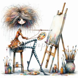 Könnte beinhalten: Eine skurrile Illustration eines Mädchens mit buntem Haar, das auf eine Leinwand malt. Sie sitzt auf einem Hocker mit einer Farbpalette und Pinseln um sie herum.