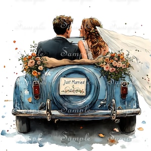 May include: A watercolour illustration of a couple in a blue vintage car. The person on the left wears a dark suit, and the person on the right has long hair and a white veil. The car features a sign that reads Just Married and floral decor.