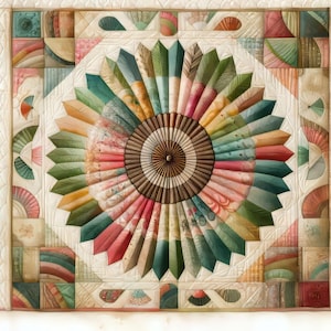 May include: A square quilt featuring a central circular medallion composed of radiating pleated fabric segments in shades of green, pink, yellow, and brown. The border consists of smaller fan-shaped motifs and geometric blocks with intricate stitching.