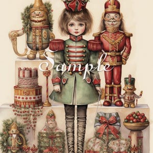 May include: Watercolor illustration featuring a collection of Christmas-themed nutcrackers and gifts. The central figure is a doll in a green military-style jacket. Other figures include a red and gold nutcracker, and a small toy soldier.