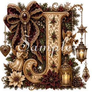 May include: A decorative letter J featuring gold filigree, adorned with a large burgundy velvet bow, two small angels playing instruments, a hanging lantern, a star ornament, poinsettia flowers, pine branches, and red berries. The word Sample is overlaid.