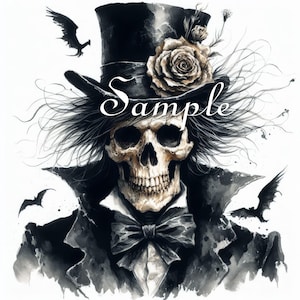 May include: A black and white illustration of a skull wearing a top hat adorned with a rose, a bowtie, and a collared coat. The word Sample is written in white cursive script across the center. Flying bats surround the figure.