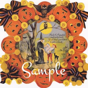 Victorian Halloween Collage Fabric Quilt Block: Pumpkin Witch Cotton 8&quot; x 8&quot;