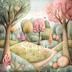 May include: A whimsical watercolor illustration of a fairytale forest scene. The artwork features a winding path, rolling hills, and trees with pink, yellow, and green foliage. The word "Sample" is written across the image.