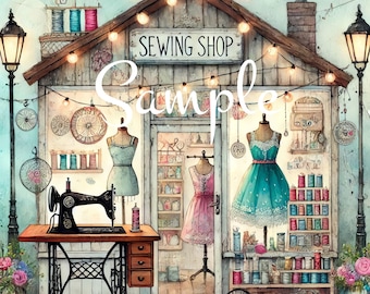 Sewing Shop - Fabric Quilt Block/Panel -  Seamstress - Fabric - Shabby - 100 % Cotton - A189