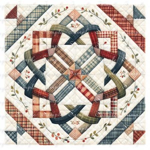 May include: A square quilt block featuring a central interwoven design of plaid fabric strips in red, blue, green, and tan. The pattern includes cream-colored sections with delicate hand-stitched vine and berry motifs, all finished with a diamond grid quilting.
