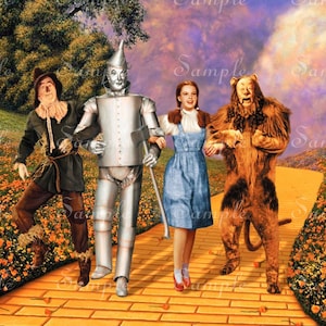 May include: A digital illustration of four characters walking on a yellow brick road through a field of orange poppies. The group includes a scarecrow in brown clothing, a silver tin person with an axe, a person in a blue dress, and a brown lion.