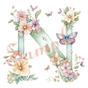 May include: A large, pale green letter N decorated with watercolor-style flowers in shades of pink, peach, and purple, accented with green leaves and several small butterflies. The word Sample is overlaid in a light orange, cursive font.