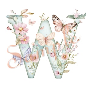 May include: A decorative letter W in a pale blue hue, adorned with watercolour illustrations of pink and purple flowers, green foliage, and several butterflies in shades of peach, white, and blue. The word Sample is overlaid in light orange.