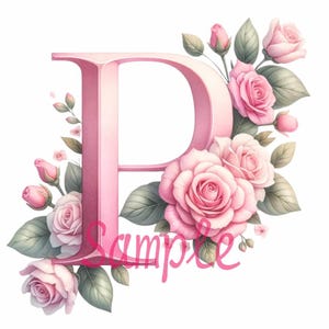 May include: A pink letter "P" decorated with pink roses, buds, and green leaves. The word "Sample" is written across the bottom of the letter in a pink script font. The design is set against a white background.