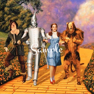 May include: A group of four characters from the Wizard of Oz walking down a yellow brick road. The characters are Dorothy, the Scarecrow, the Tin Man, and the Cowardly Lion. They are walking through a field of yellow flowers.
