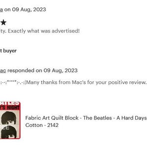 A Hard Days Night - The Beatles - Fabric Art Quilt Block/Panel - Rock & Roll - Cotton - 2142 image 5