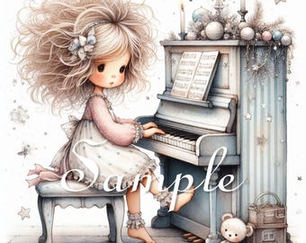 Girl Playing Piano Fabric Art Quilt Blocks – Music - Quirky - 100% Cotton (8" x 8") #8
