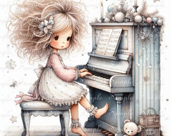 Girl Playing Piano Fabric Art Quilt Blocks – Music - Quirky - 100% Cotton (8" x 8") GPP8
