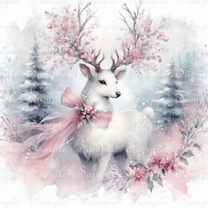 May include: A white deer illustration featuring large antlers adorned with pink berries and flowers. The deer wears a large pink ribbon around its neck, set against a snowy forest background with pine trees and soft pink and blue watercolor accents.