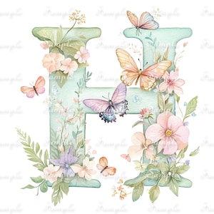 May include: A large, light mint green letter H decorated with watercolor illustrations of various pink and peach flowers, green leaves, and several butterflies in shades of orange, pink, and purple, all set against a plain white background.