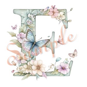 May include: A large, sage green letter E decorated with watercolor-style illustrations of soft pink, white, and purple flowers, green leaves, and three butterflies in shades of blue and pink. The word Sample is overlaid in light orange script.