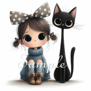 Peut inclure: Illustration de dessin animé d'une fille aux grands yeux, vêtue d'un pull bleu, de bottes et d'un nœud à pois. Un chat noir aux grands yeux est assis à côté d'elle. Le mot "Sample" est écrit sur l'image.