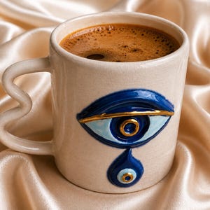 May include: A cream-colored ceramic mug filled with dark brown coffee, featuring a raised, three-dimensional blue and light blue eye design with a gold-painted eyelid and a matching teardrop shape below, complete with a wavy, curved handle.