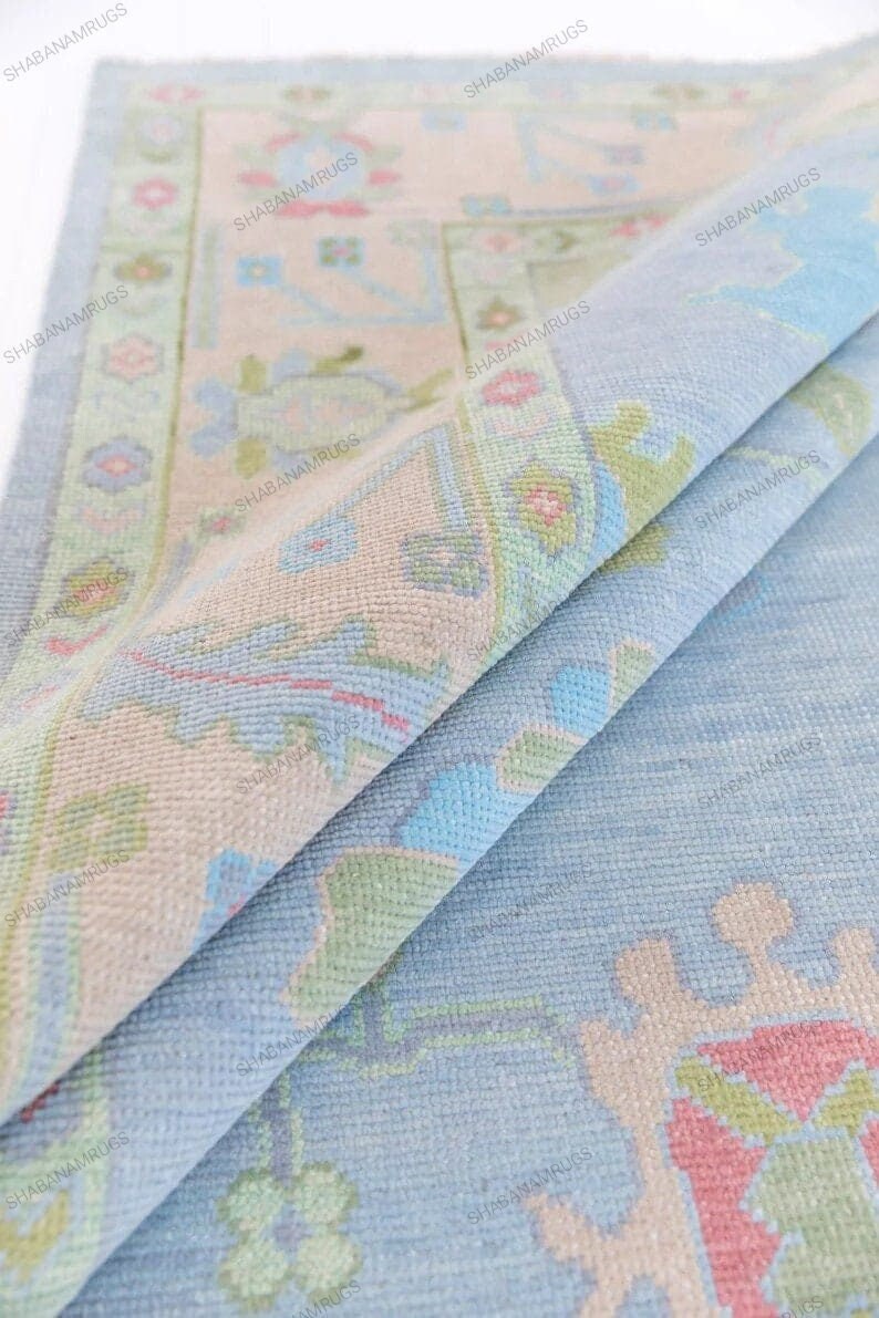 Beige and BLUE Oushak Rug, Modern Turkish Rug With Navy Accent, Ivory