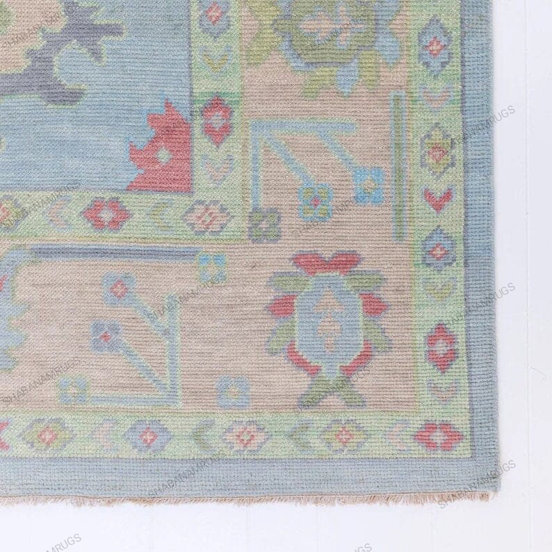 Beige and BLUE Oushak Rug, Modern Turkish Rug With Navy Accent, Ivory