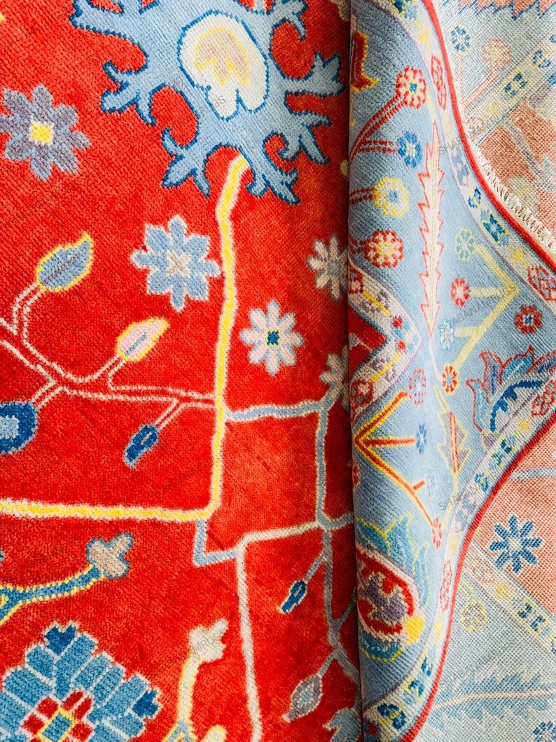 Red & Light Blue Oushak Rug 8x10,9x12 Turkish Knotted Vintage Oushak