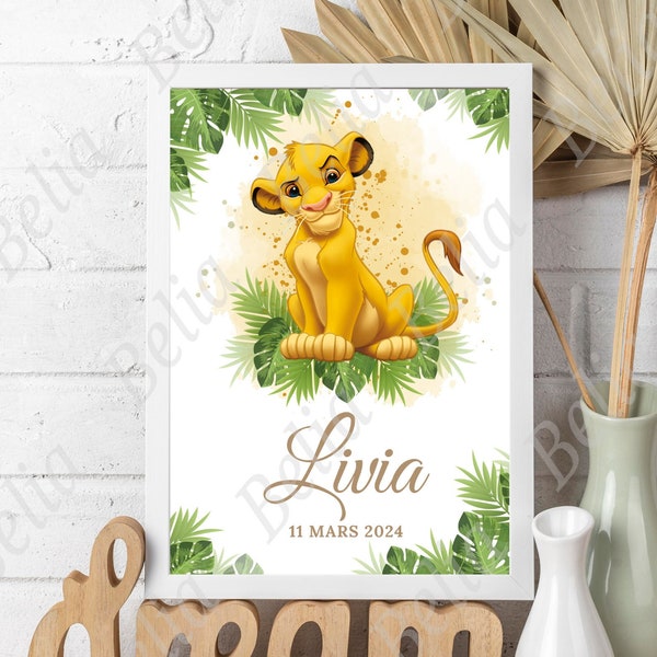 Personalized first name poster Simba the lion king. Birth Poster. Baby child room decoration. Birthday gift. Birth Gift.