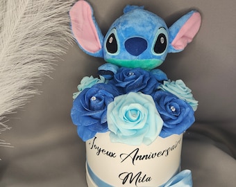 Personalized eternal rose composition box plush toy Stitch or Angela. Rose bouquet. Valentine's Day Gift Couple Anniversary
