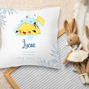 Pikachu cushion personalized birth or first name Modèle 3 BLEU