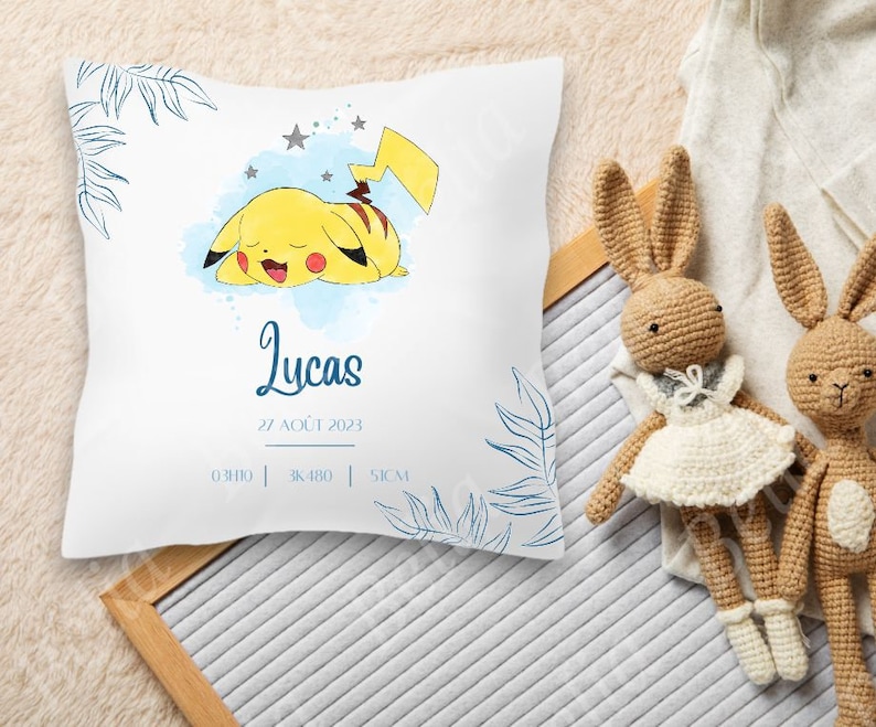 Pikachu cushion personalized birth or first name Modèle 3 BLEU