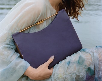 Violet purple leather wooden bag, Genuine leather handbag, Minimalistic bag, Leather purse, Retro bag, Brass top Handle Bag, Shoulder bag