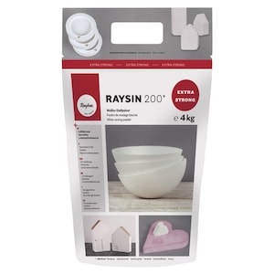 Könnte beinhalten: Ein weißer Beutel mit Rayher RAYSIN 200* weißem Gießpulver, beschriftet mit "Extra Strong" und "e 4 kg". Der Beutel zeigt Beispiele für fertige Projekte, darunter Schalen, Häuser und ein Herz.