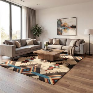 Può includere: Un grande tappeto rettangolare con un motivo geometrico nei colori crema, nero, blu e rosso. Il tappeto è posizionato su un pavimento in legno sotto un tavolino quadrato in legno, due divani grigi e una lampada da terra in un soggiorno.