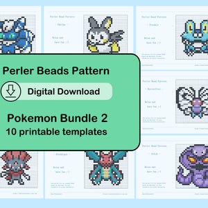 Puede incluir: Patrones imprimibles de cuentas Perler con personajes de Pokémon. Los diseños se muestran en papel cuadriculado. Una pancarta verde dice "Perler Beads Pattern" y "Pokemon Bundle 2". La descarga digital incluye 10 plantillas.