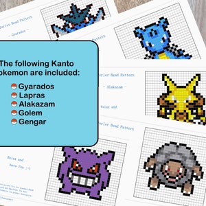 K&ouml;nnte beinhalten: Ein Set von Perler-Perlenmustern auf wei&szlig;em Papier mit Pixel-Art-Designs von Kanto-Pokemon, darunter Gyarados, Lapras, Alakazam, Golem und Gengar. Ein hellblaues Textfeld listet die enthaltenen Charaktere mit Poke-Ball-Symbolen auf.