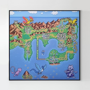 Poster Pokemon Kanto Karte Print Pixelart Wandkunst Dekoration Mew Mewtu Arktos Lavados Zapdos, Generation 1 Worldmap