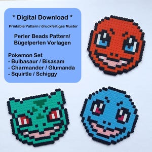 Könnte beinhalten: Druckbare Muster zum Erstellen von Pixelkunst mit Perlen. Die Muster sind für drei Pokémon-Charaktere: Bisasam, Glumanda und Schiggy. Die Muster sind farbig und zeigen die Perlenplatzierung für jeden Charakter.